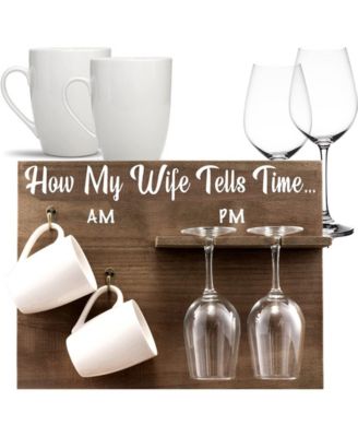 How My Wife Tells Time Wall Mounted Wine Rack with Glasses and Coffee Mugs, Set of 5