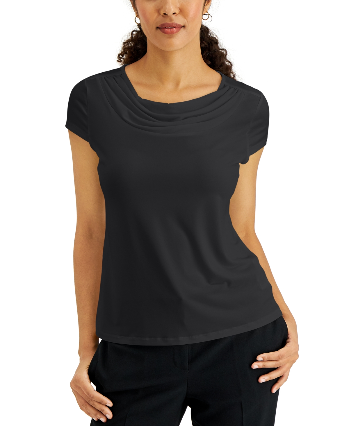 Kasper Womens Drapey Neckline Shirred Pullover Top In Black