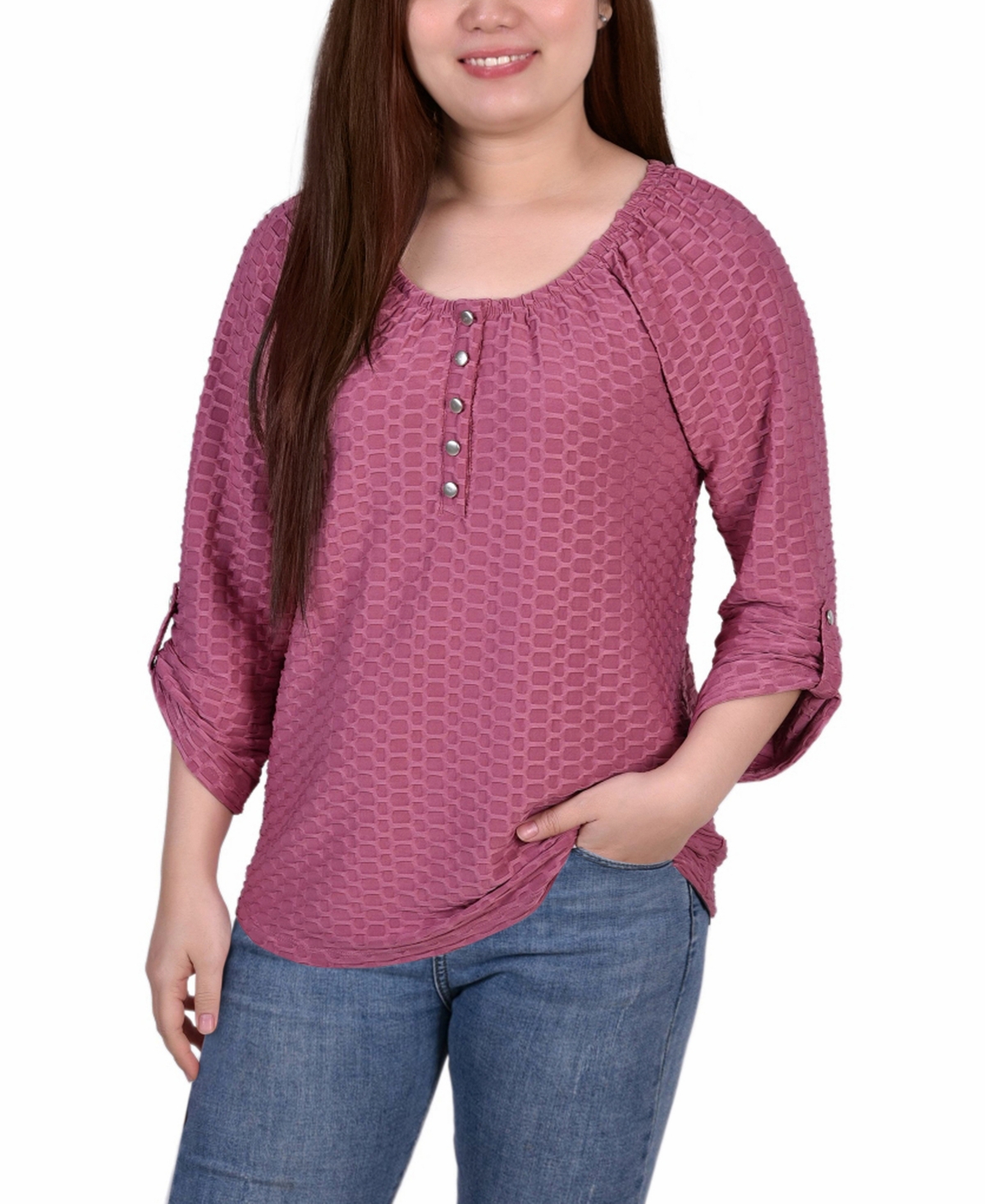 NY COLLECTION WOMEN'S 3/4 SLEEVE HONEYCOMB HENLEY TOP