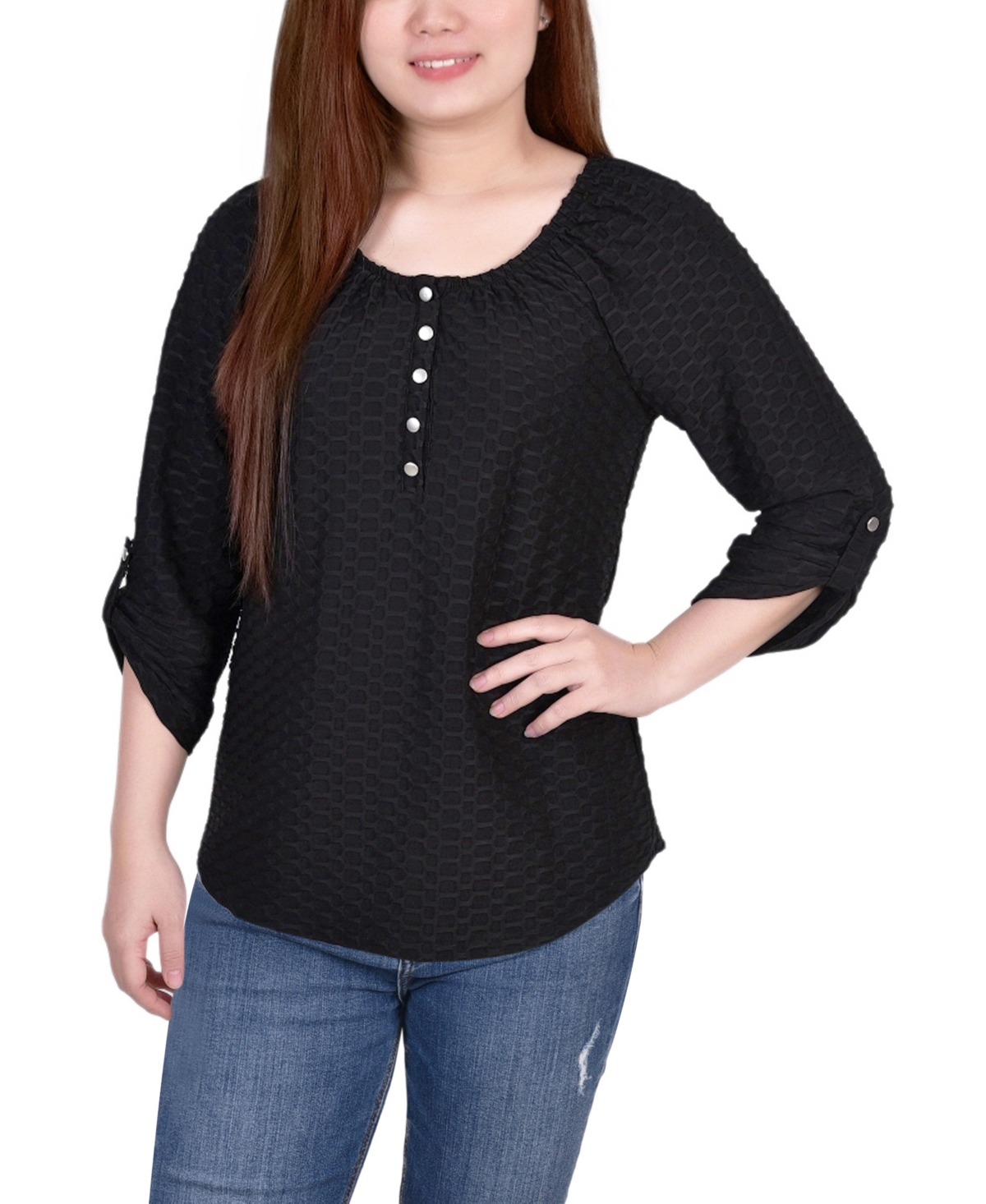 Ny Collection Plus Size 3/4 Sleeve Honeycomb Henley Top In Black