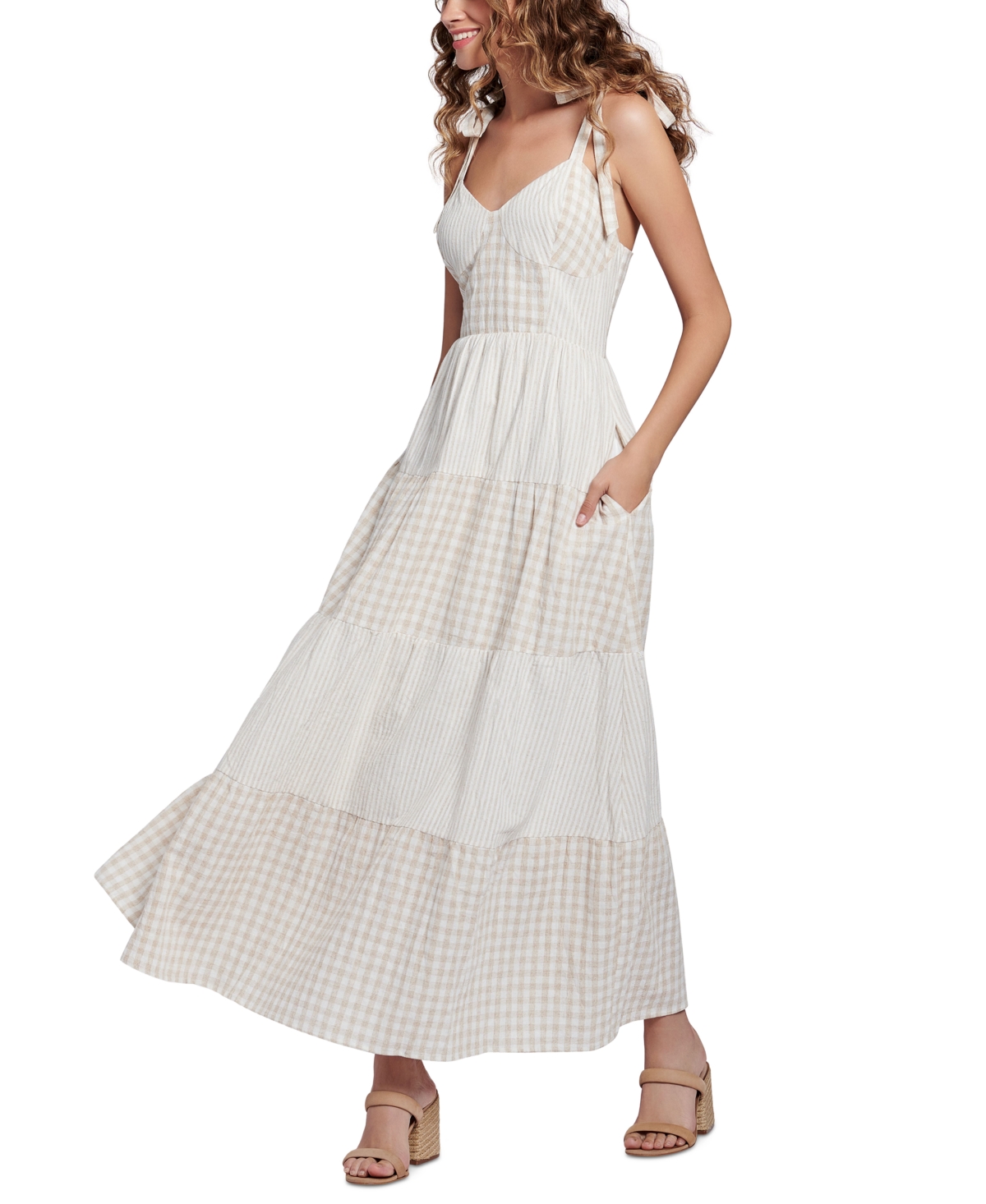 Lost + Wander Island Picnic Tiered Cotton & Linen Sundress In Almond White