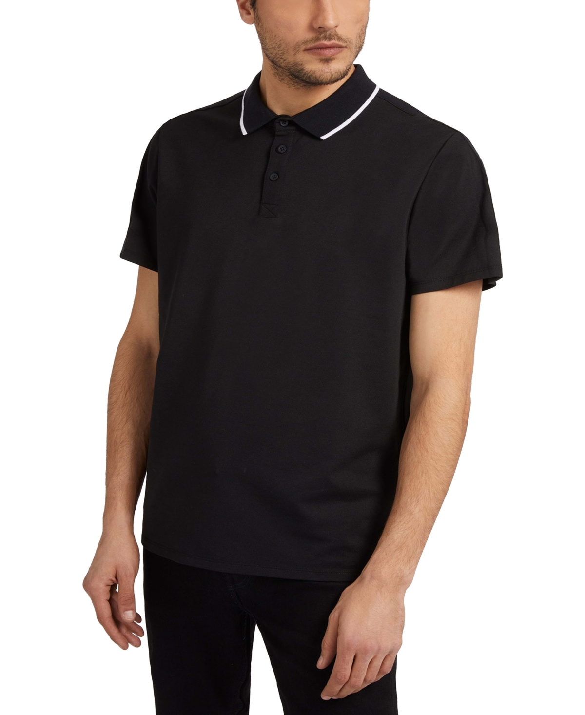 Shop Guess Men's Logo Taped Tipped Collar Polo Shirt In Jet Black