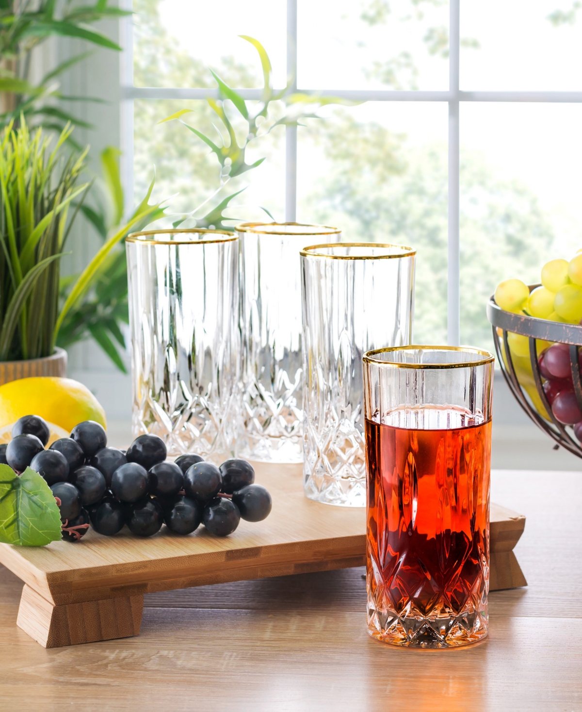 Opera Gold Collection 4 Piece Crystal High Ball Glass with Gold Rim Set - Gold-Tone