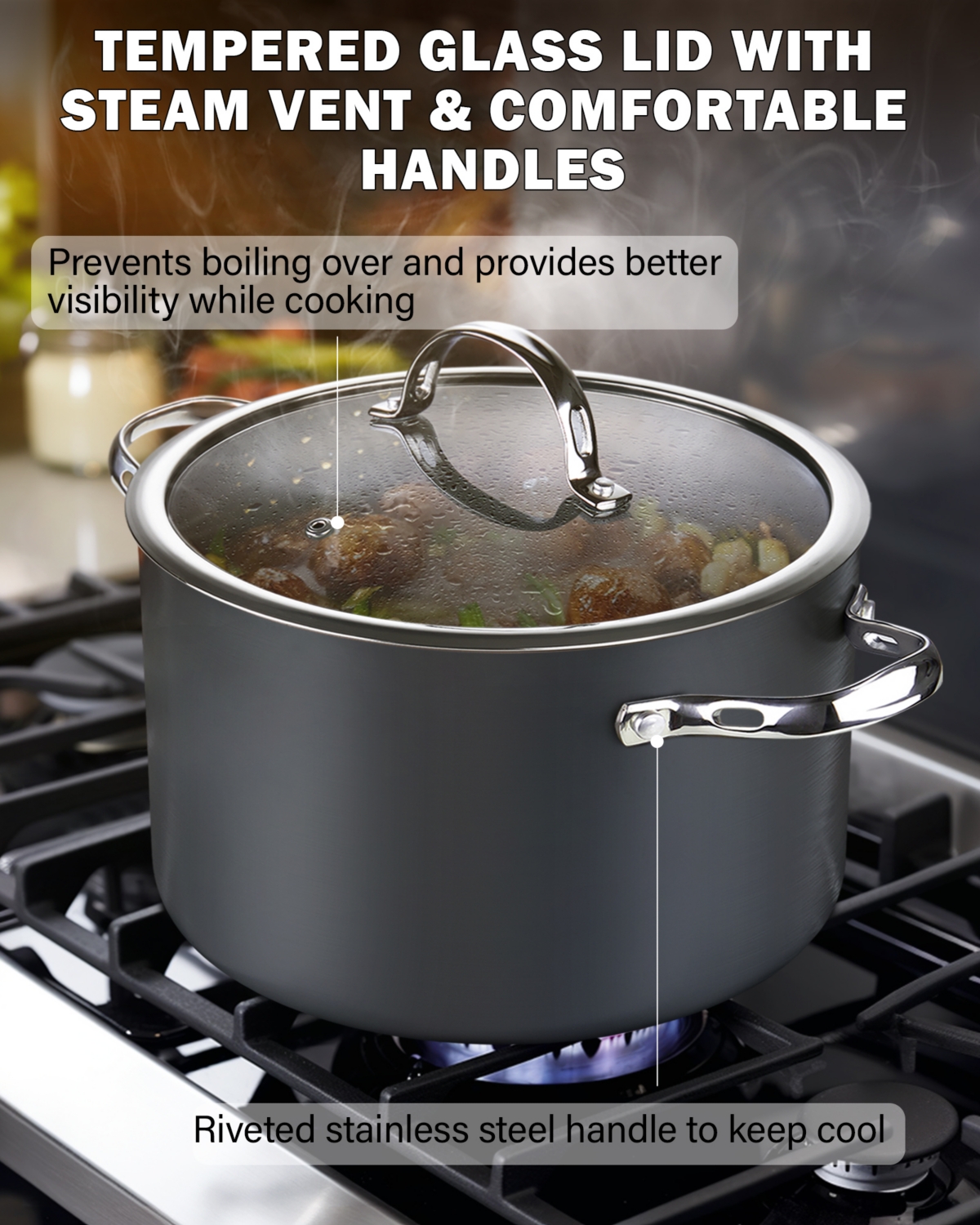 Cooks Standard Stock Pot Dutch Oven Casserole with Glass Lid, 7-Quart Classic Hard Anodized Nonstick Stockpot,- Black