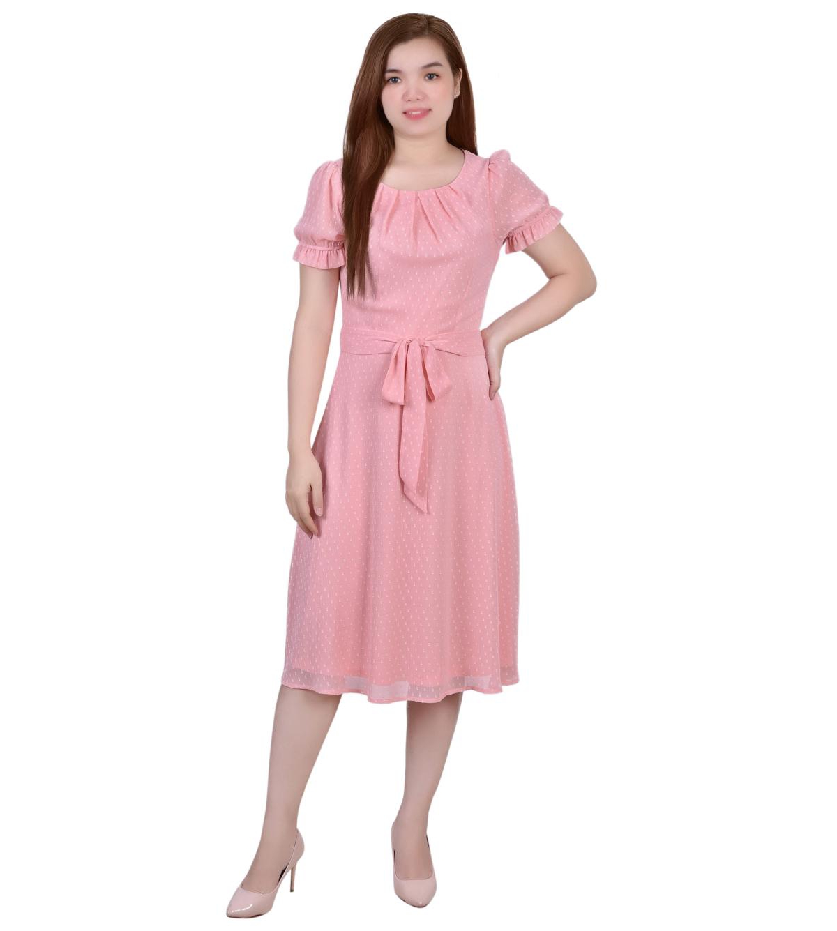 Ny Collection Petite Short Sleeve Belted Swiss Dot Dress In Mellow Rose Rectangle