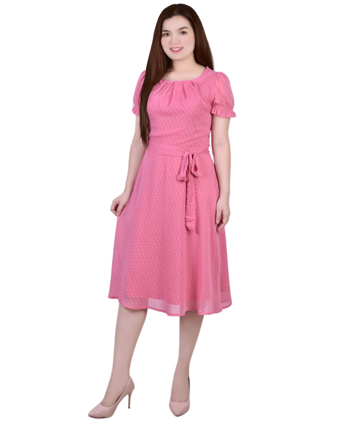 Ny Collection Petite Short Sleeve Belted Swiss Dot Dress In Chateau Rose Rectangle