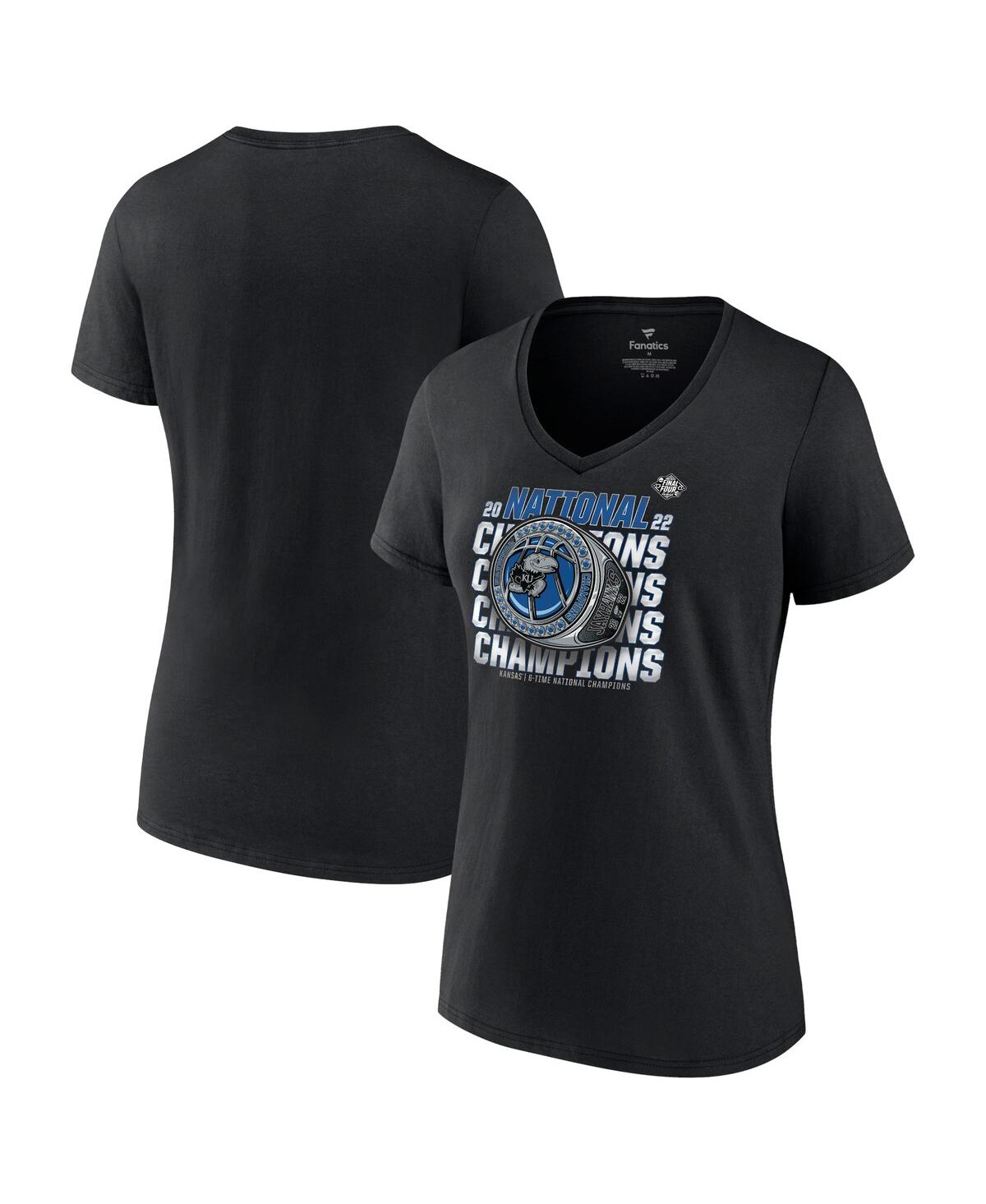 Women's FanaticsKansas Jayhawks 2022 Ncaa Men's Basketball National Champions Half-Court Ring V-Neck T-shirt - Black
