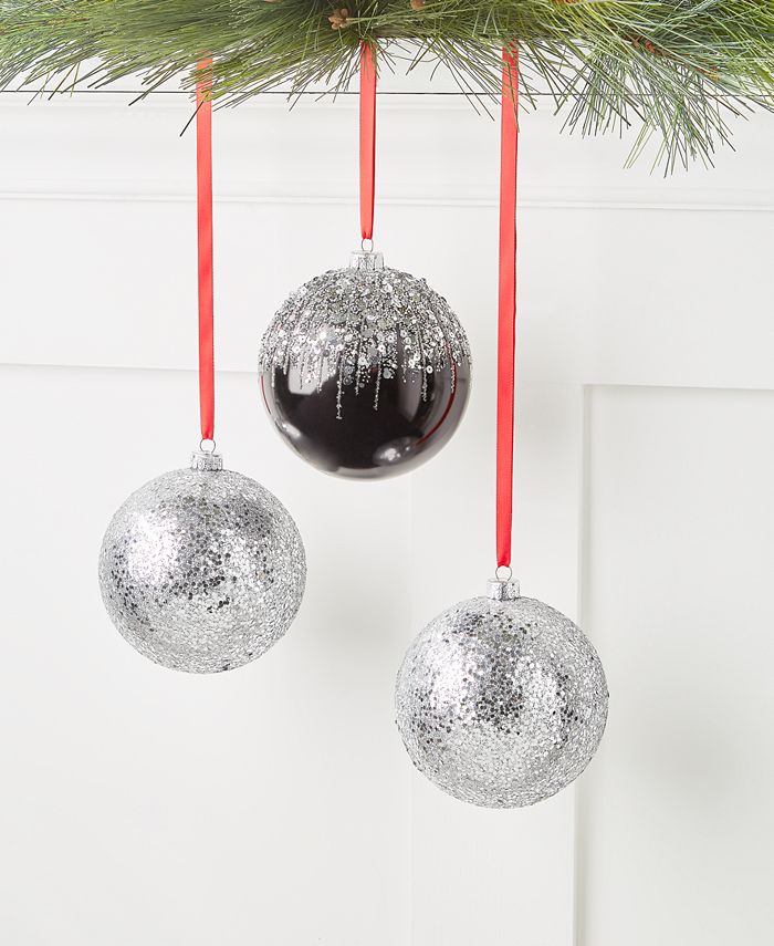 Holiday Lane Black & White Set of 3 SilverTone and Black Ball