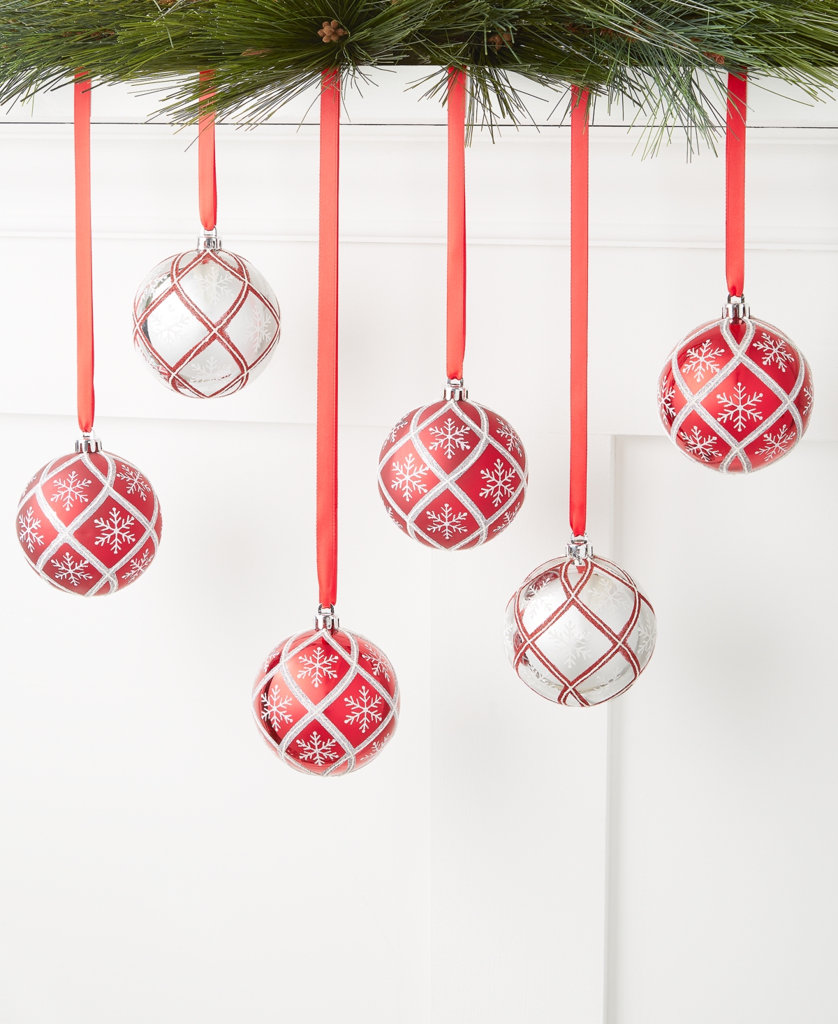 Holiday Lane Christmas Cheer 6-Pc. Red and Silver Set of Ball Ornaments with a Decorated Finish, Created for Macy's