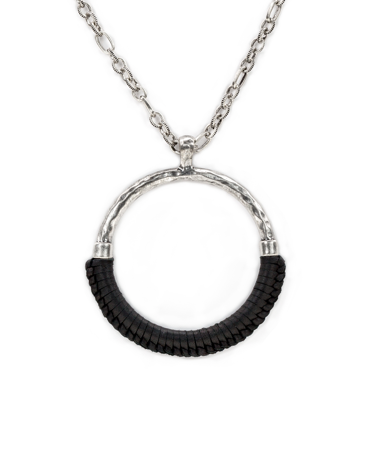 PATRICIA NASH SILVER-TONE LEATHER-WRAPPED RING LONG PENDANT NECKLACE, 30" + 2" EXTENDER