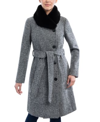 Belted Faux-Fur-Trim Wrap Coat 