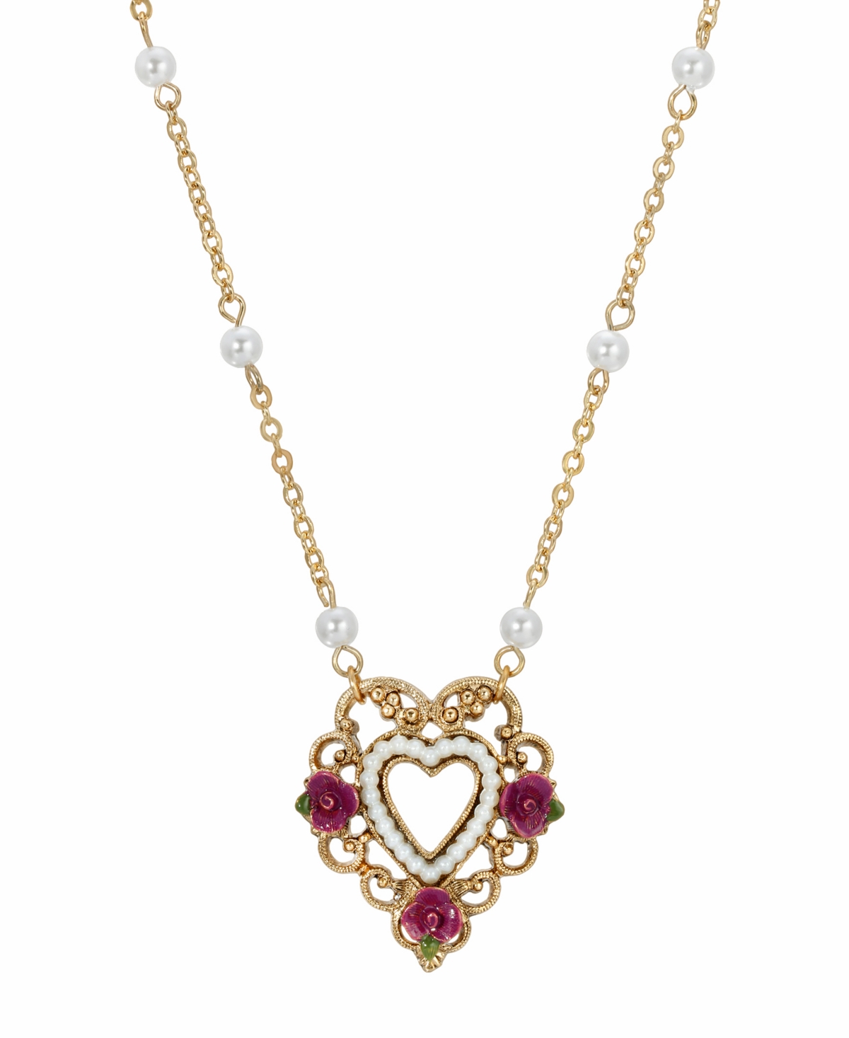 2028 Women's Enamel Flower Imitation Pearl Rimed Open Heart Necklace In Pink