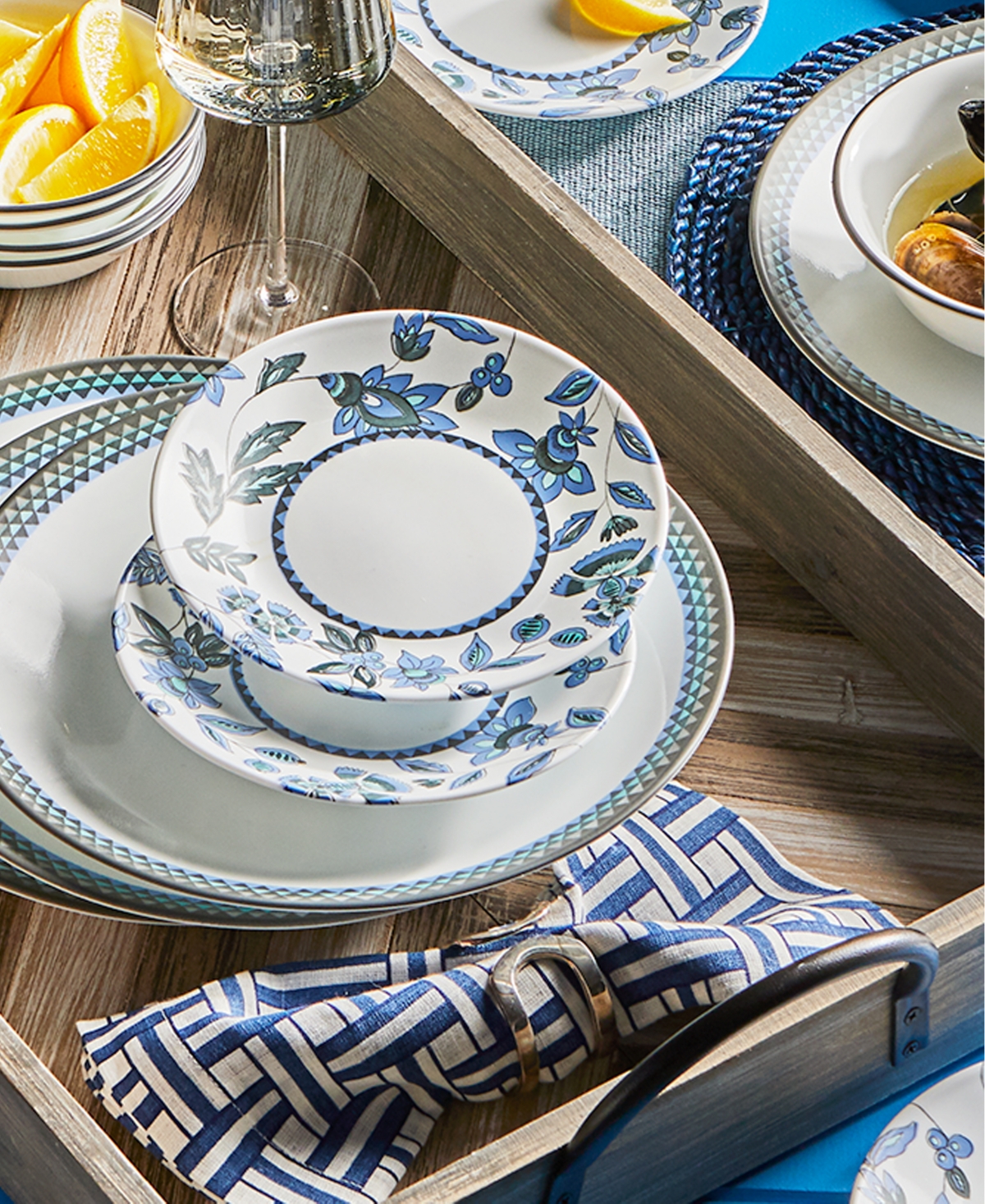 Corelle Veranda Pc. Dinnerware Set, Service for 4 - White with Deep Blues and Rich Aquas