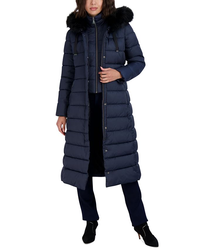 Tahari Women's Faux-Fur-Trim Hooded Maxi Puffer Coat - Macy's