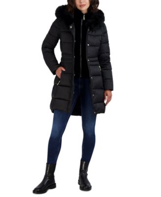 Womens Velvet Bibbed Faux-Fur Hooded Puffer Coat