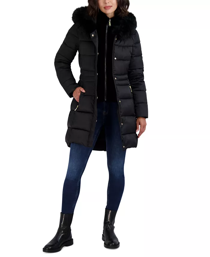 Womens Velvet Bibbed Faux-Fur Hooded Puffer Coat - thumbnail 10