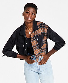 Juniors' Cropped Mixed Plaid & Corduroy Buttoned Top 