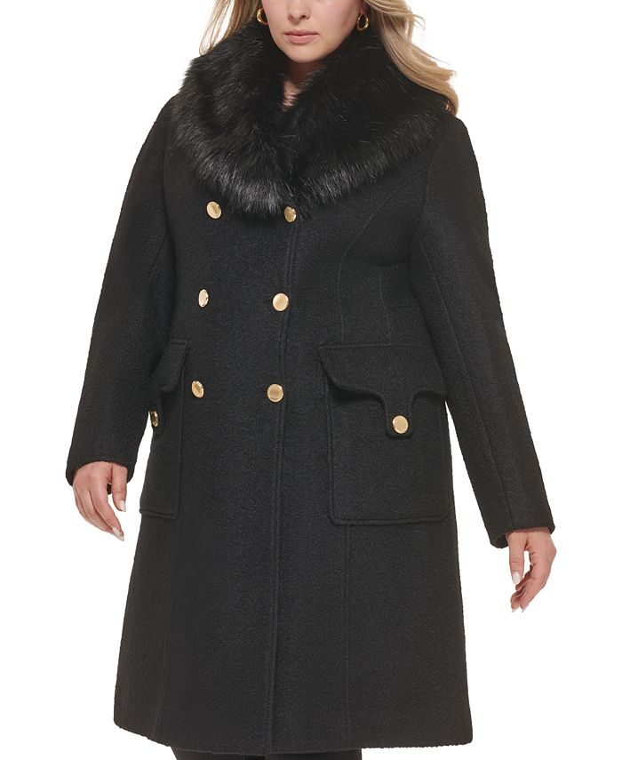 GUESS Women's Plus Size Double-Breasted Faux-Fur-Collar Coat & Reviews ...