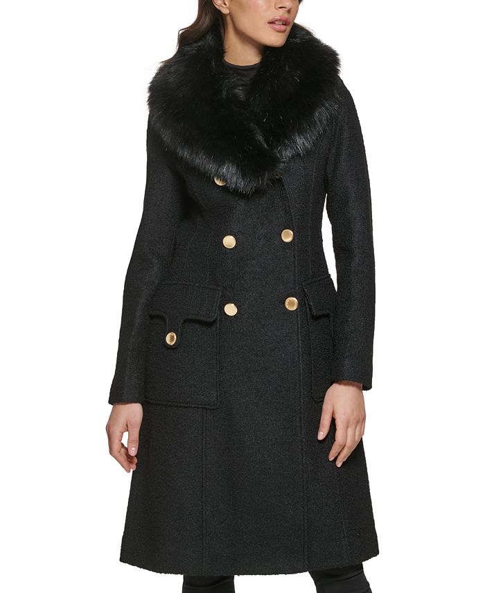 GUESS Women's Faux-Fur Collar Double-Breasted Walker Coat - Macy's