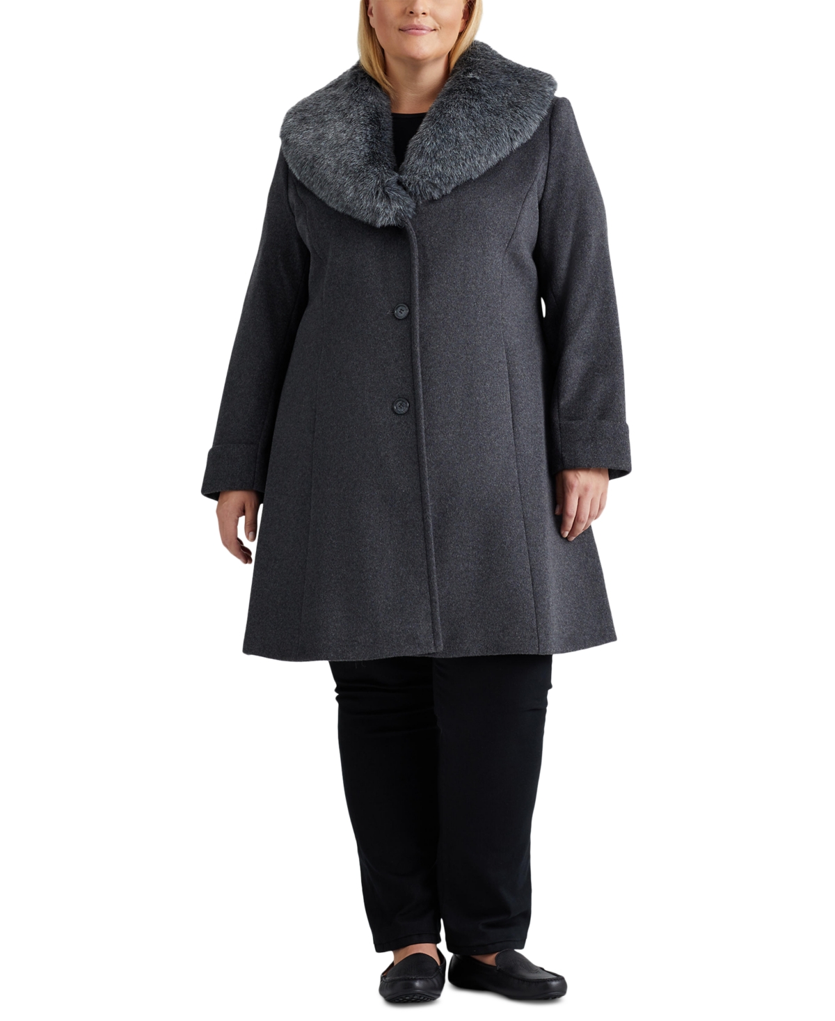 Lauren Ralph Lauren Women's Plus Size Faux-fur-trim Walker Coat In Df Grey