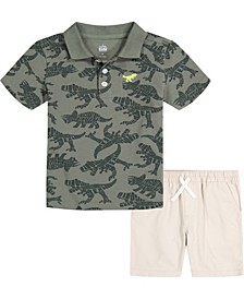 Little Boys Printed Pique Polo Shirt and Twill Shorts, 2 Piece Set