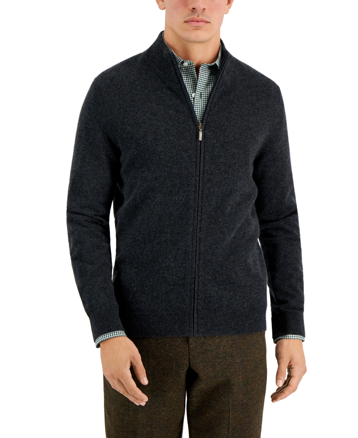 Men's Full-Zip Cashmere Sweater, Created for Macy's - Dark Charcoal Heather
