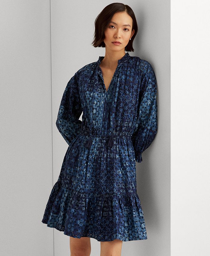 Lauren Ralph Lauren Geo-Print Eyelet Cotton Dress - Macy's
