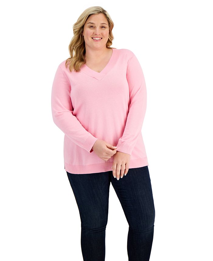 Karen Scott Womens Plus V-Neck Ribbed Pullover Sweater 