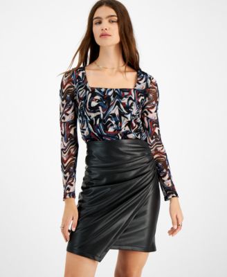 Bar III - Women's Square Neck Marble Mesh Top