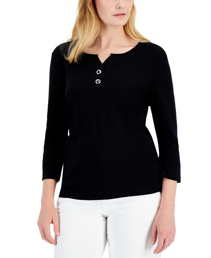 Karen Scott Women's Cotton Toggle Henley Sweater Pink Size Petite Small