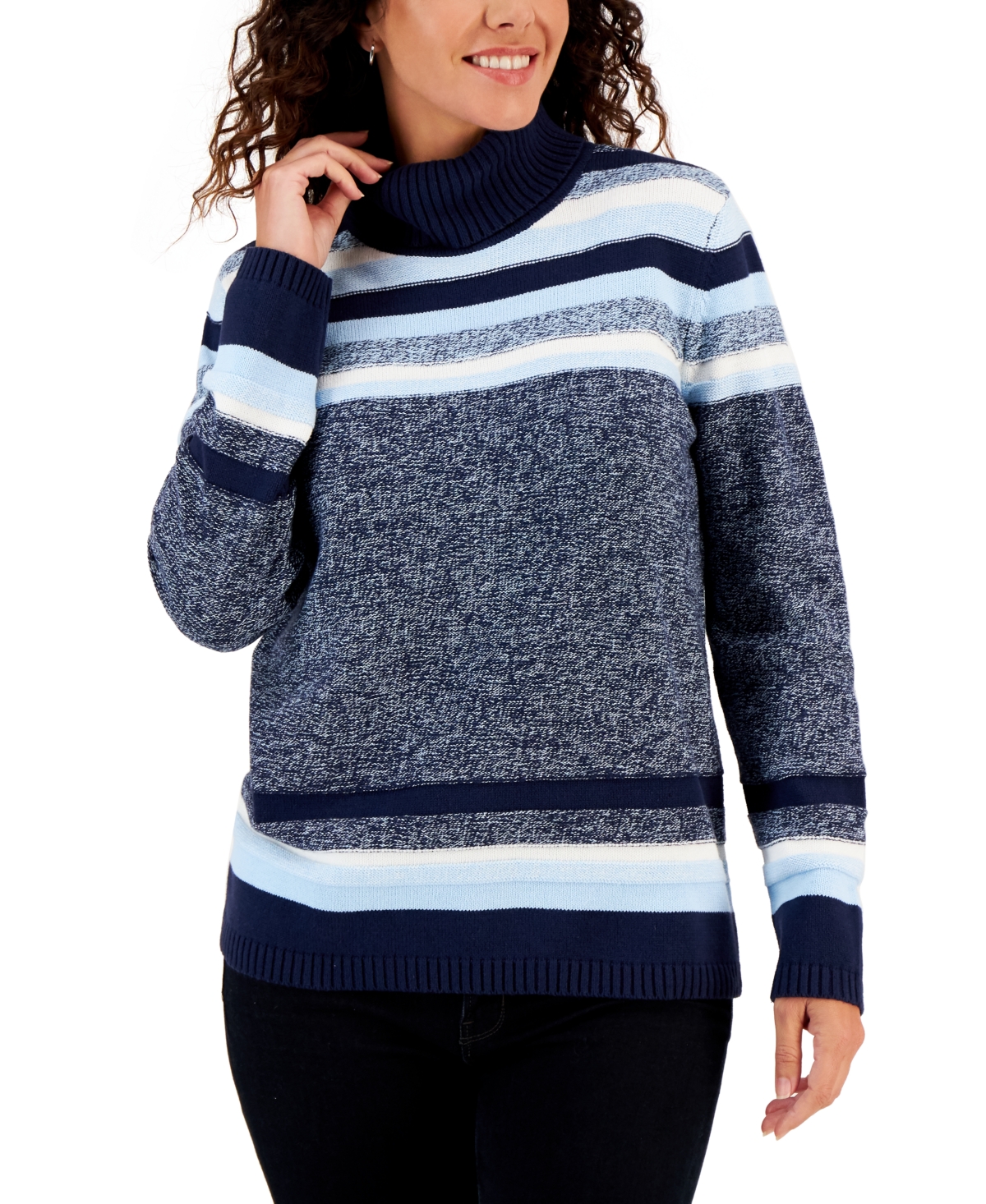 Karen Scott Women's Striped Cotton Turtleneck Sweater, Created For Macy's In Intrepid Blue Combo