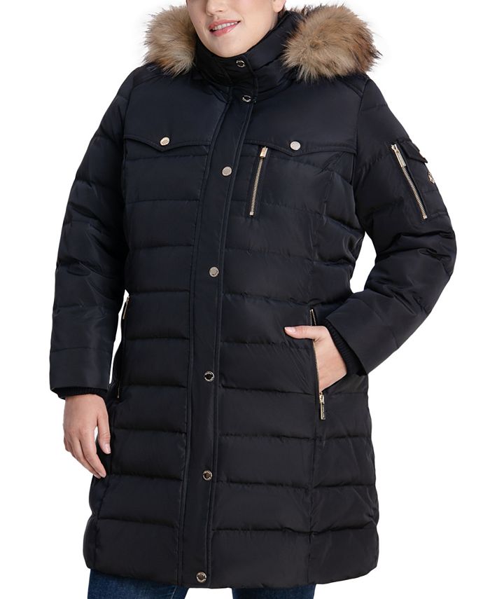 Michael Kors Plus Size Faux-Fur-Trim Hooded Puffer Coat, Created for ...