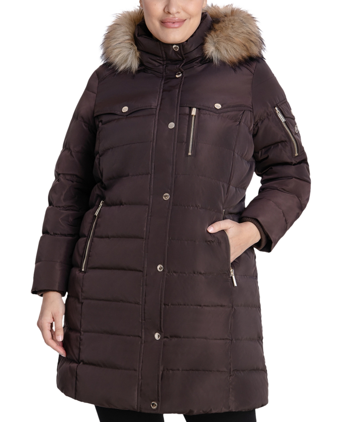 Michael Kors Michael  Women's Plus Size Faux-fur-trim Hooded Puffer Coat, Created For Macy's In Chocolate