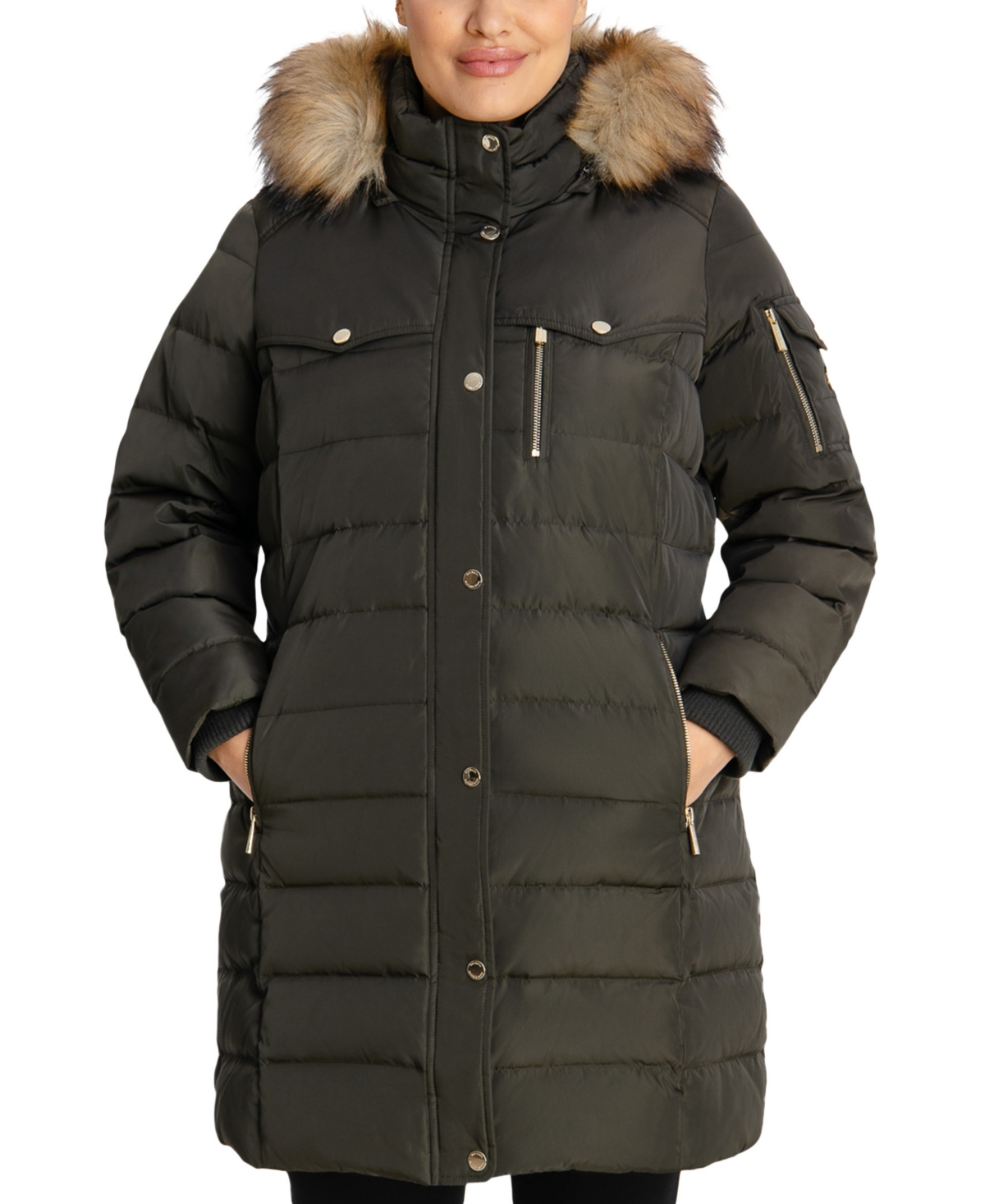 Michael Kors Michael  Women's Plus Size Faux-fur-trim Hooded Puffer Coat, Created For Macy's In Dark Moss