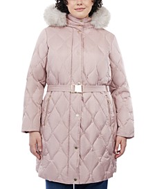 Plus Size Quilted Belted Hooded Puffer Coat