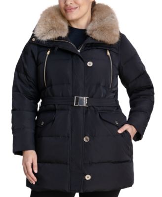 MICHAEL Michael Kors Women s Plus Size Belted Faux Fur Collar Down Puffer Coat Created for Macy s Macy s