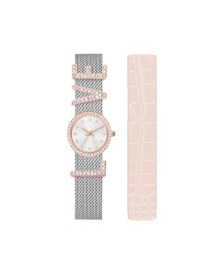 Photo 1 of Jessica Carlyle Women's "Love" Shiny Silver-Tone Bracelet Analog Watch 25mm with Interchangeable Leather Strap