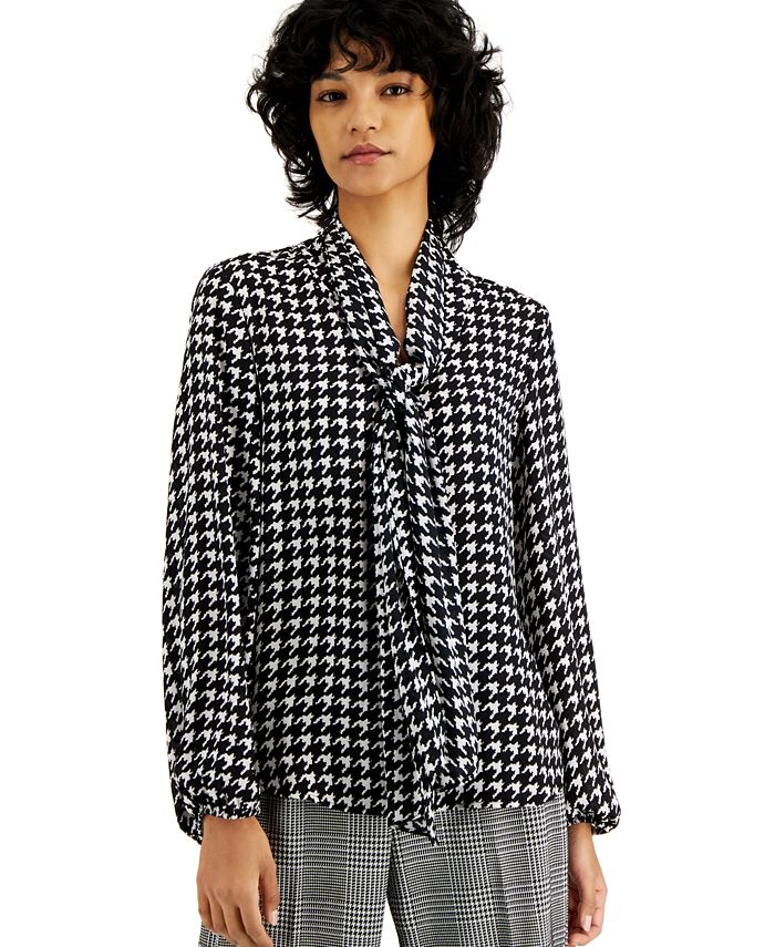 Bar III Women's Houndstooth Printed Long Sleeve Blouse, Created for ...