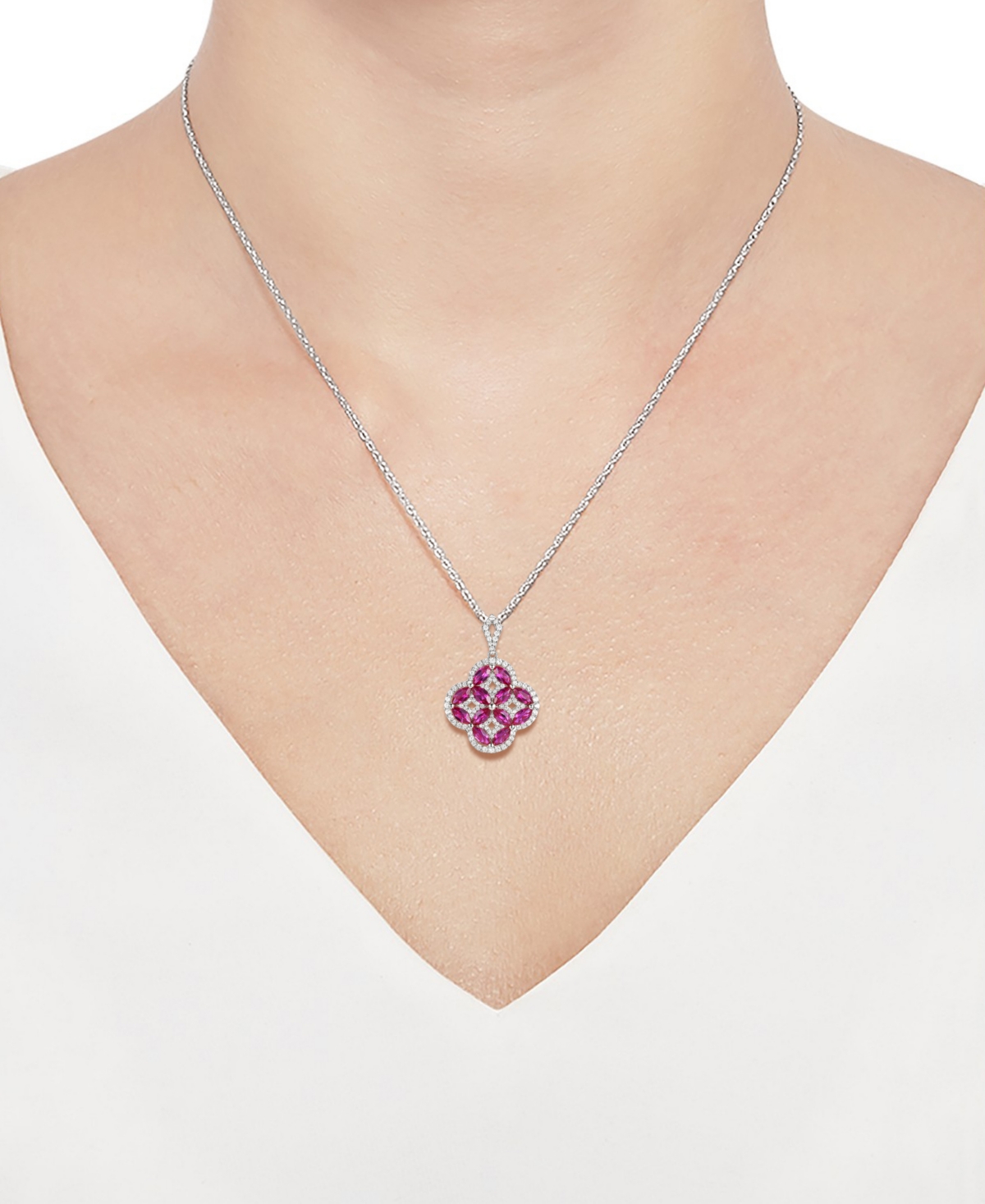 Lab-Grown Sapphire (2-1/3 ct. t.w.) & Lab-Grown White Sapphire (3/8 ct. t.w.) Quatrefoil Pendant Necklace in Sterling Silver (Also in Lab-Grown Em