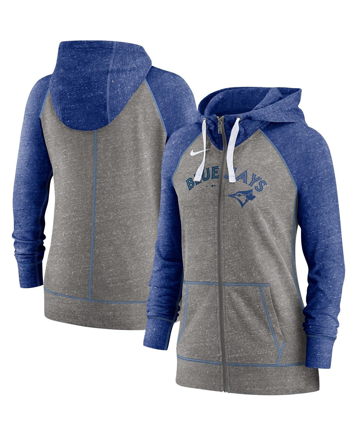 Women's Nikeand Heathered Royal Toronto Blue Jays Split Wordmark Gym Vintage-Like Raglan Slub Full-Zip Hoodie - Heathered Charcoal