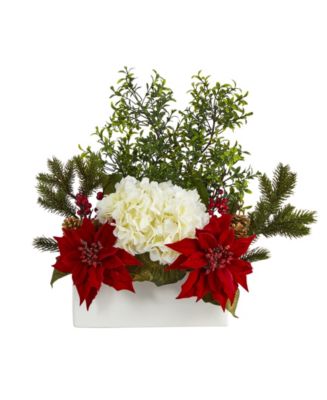 Nearly Natural Poinsettia, Hydrangea and Boxwood Artificial Arrangement ...