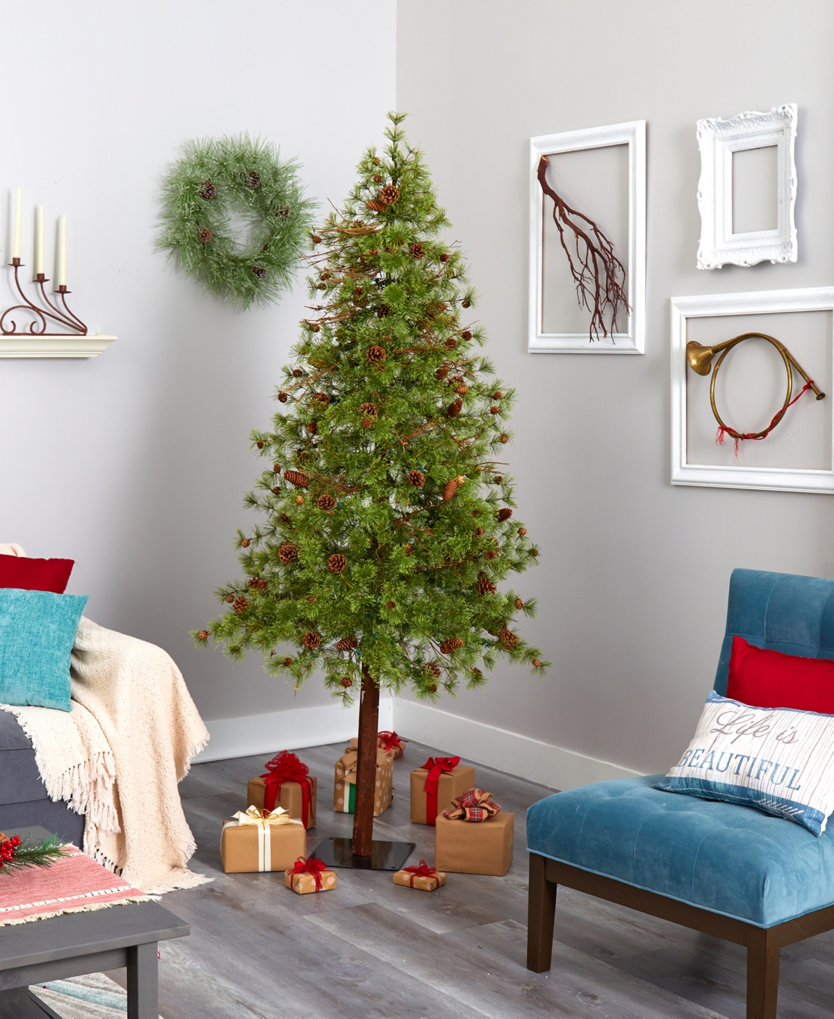 Wyoming Alpine Artificial Christmas Tree with Lights and Pinecones on Natural Trunk,