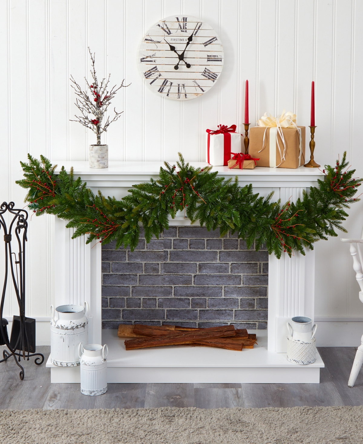 Christmas Pine Artificial Garland with Lights and Berries,