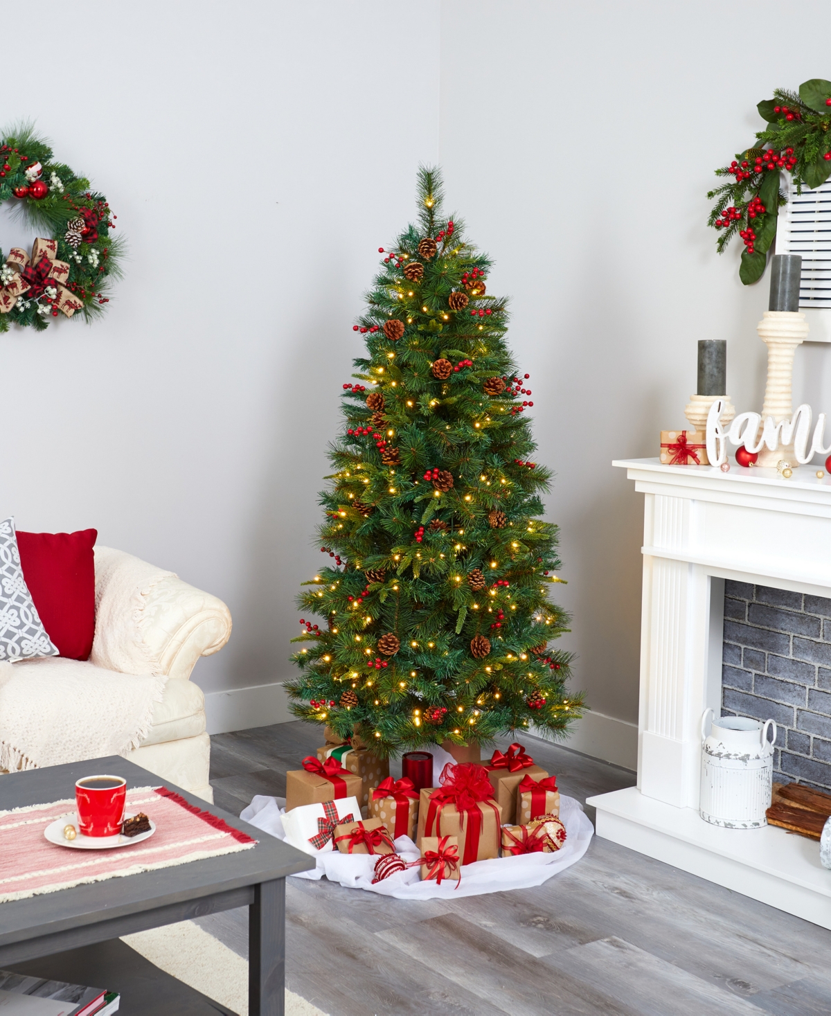 Mixed Pine Artificial Christmas Tree with Lights, Pinecones and Berries,