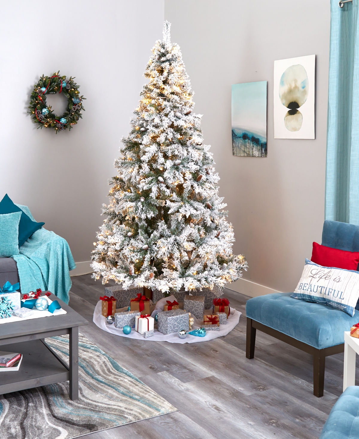 Flocked River Mountain Pine Artificial Christmas Tree with Pinecones and Lights,