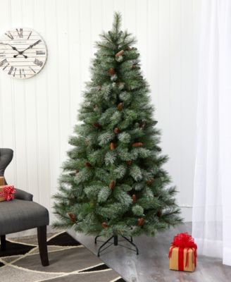 Snowed French Alps Mountain Pine Artificial Christmas Tree with Bendable Branches and Pine Cones, 72"