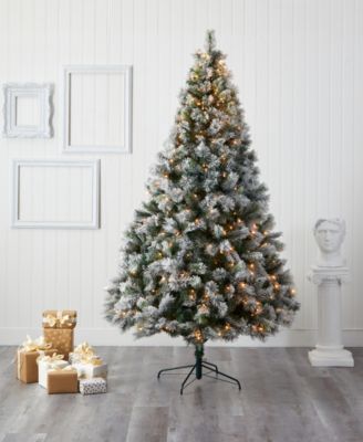 Flocked Oregon Pine Artificial Christmas Tree with Lights and Bendable Branches, 96"