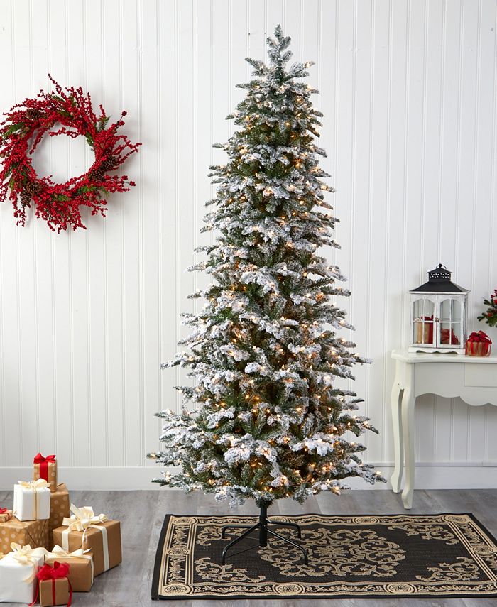 Nearly Natural Flocked North Carolina Fir Artificial Christmas Tree with Lights and Bendable