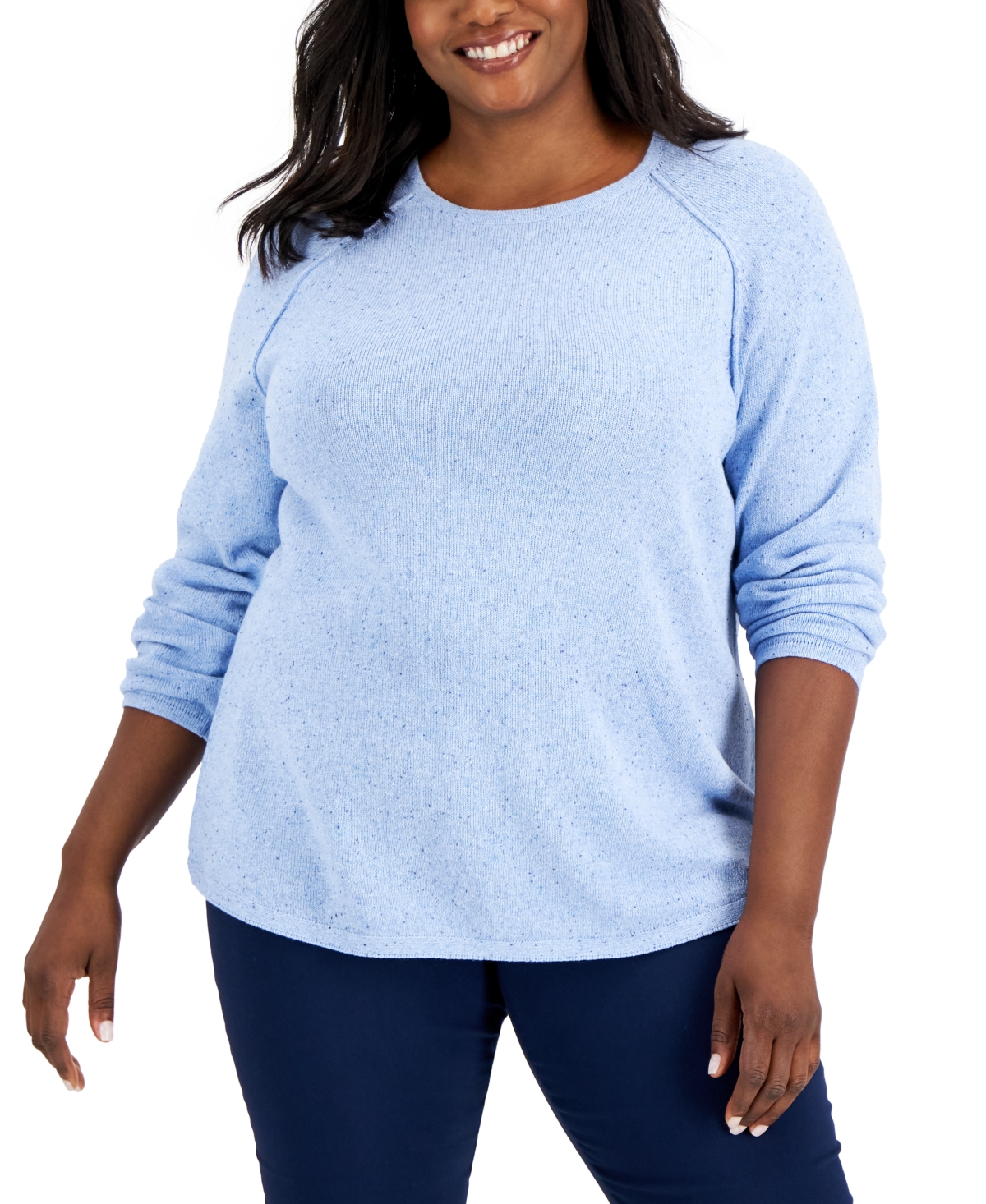 Plus Size Curved-Hem Nep Sweater, Created for Macy's - Light Blue Heather Nep