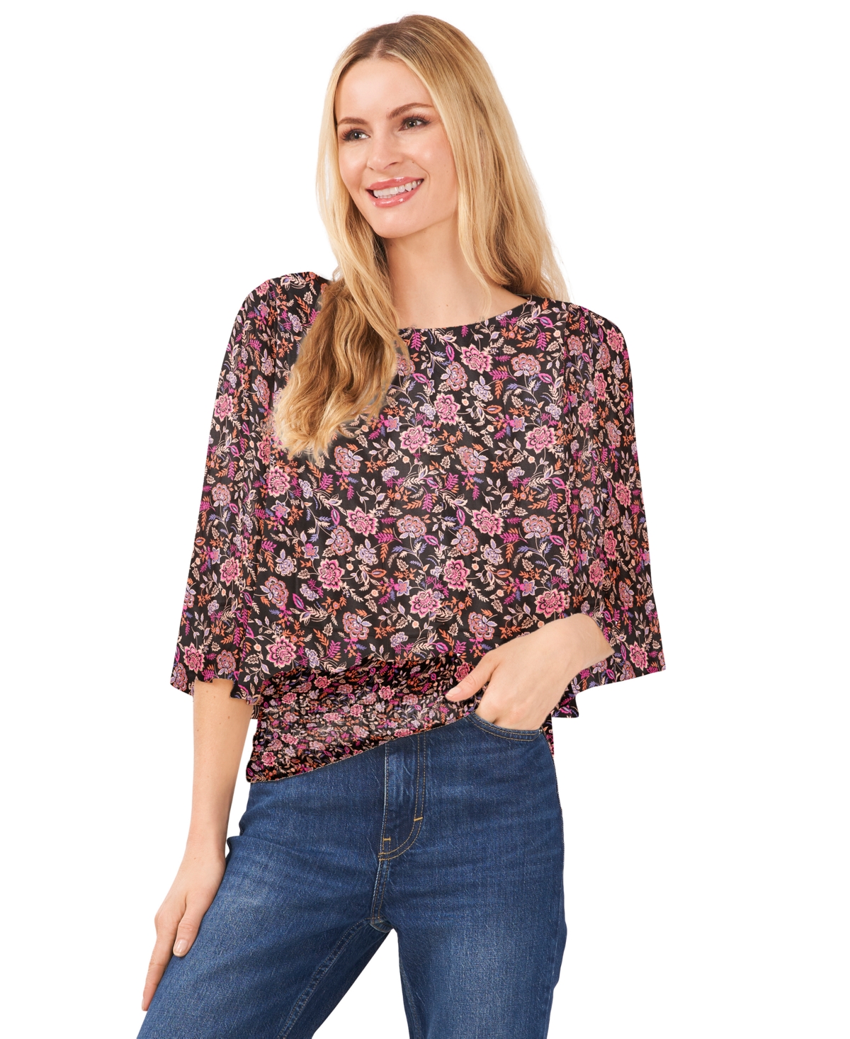 Sam & Jess Printed Smocked-waist Top In Black Floral | ModeSens